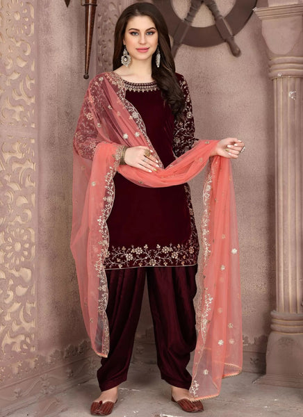 Maroon Velvet Punjabi Suit For Ladies – Gunj Fashion