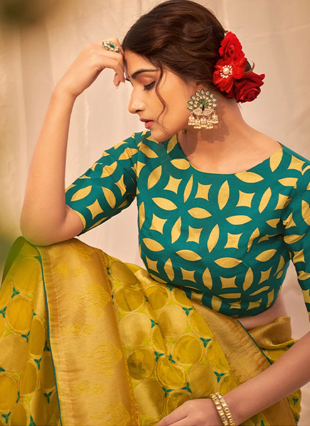 Mustard Organza Silk Embroidered Indian Wedding Saree