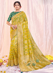 Mustard Organza Silk Embroidered Indian Wedding Saree