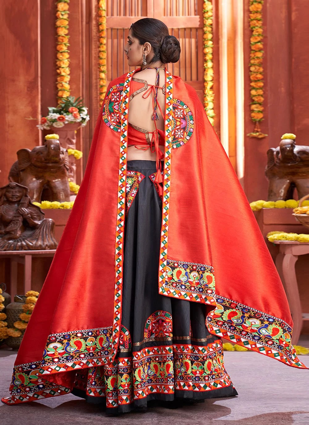 Navratri Special Black Gamthi Work Art Silk Attractive Rajwadi Ghaghra Choli