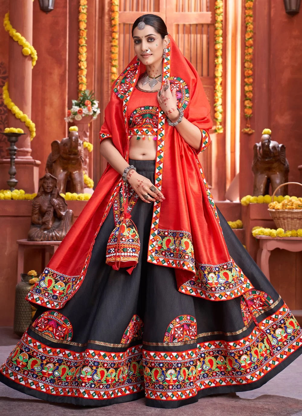 Navratri Special Black Gamthi Work Art Silk Attractive Rajwadi Ghaghra Choli