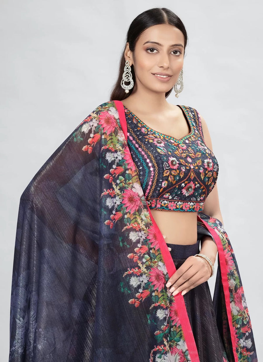 Navy Blue Art Silk Thread and Hand Work