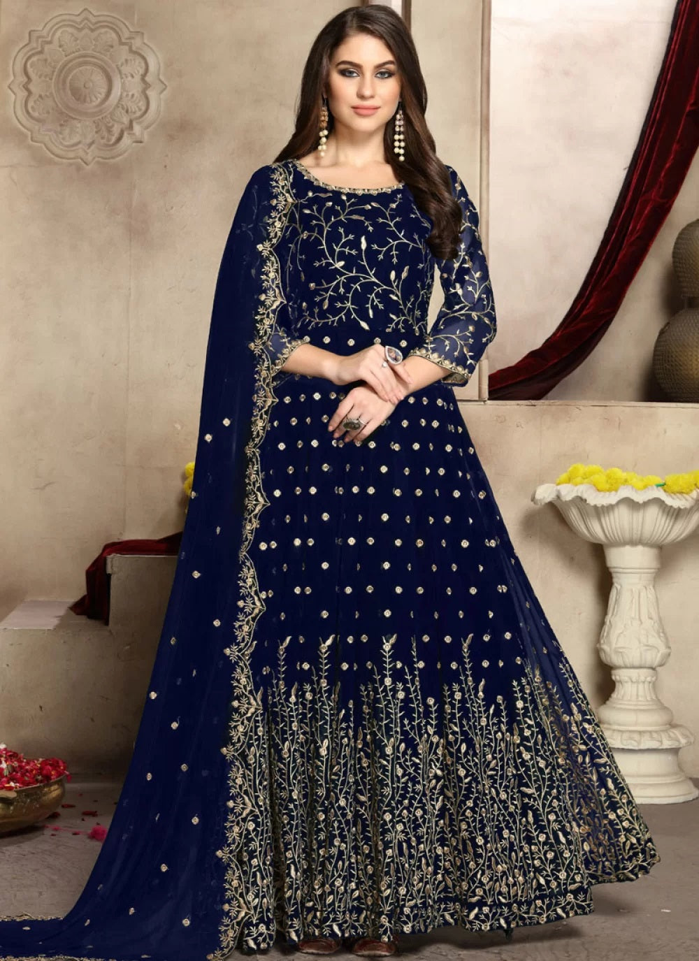 Navy Blue Color Georgette Embroidered Anarkali Dress Long