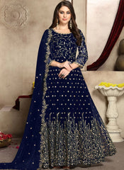 Navy Blue Color Georgette Embroidered Anarkali Dress Long