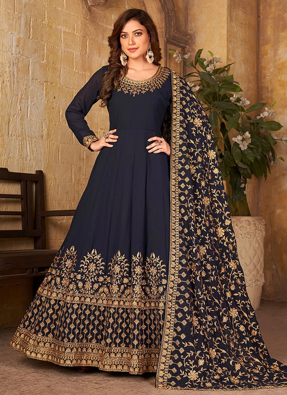 Navy Blue Embroidered Anarkali Suit