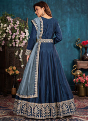 Navy Blue Embroidered Art Silk Abaya Style Anarkali Suit