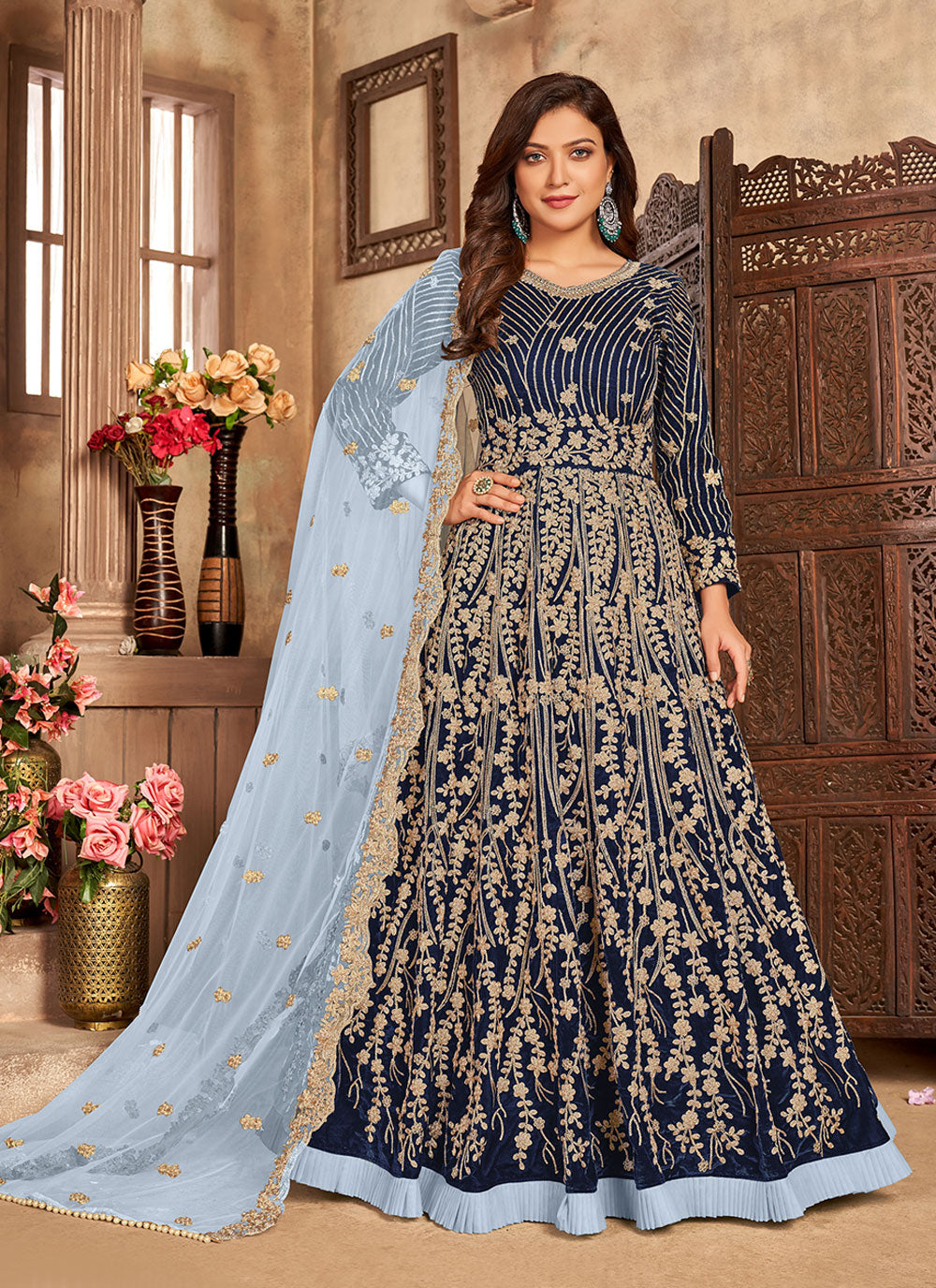 Navy Blue Heavy Embroidered Velvet Premium Anarkali Suit