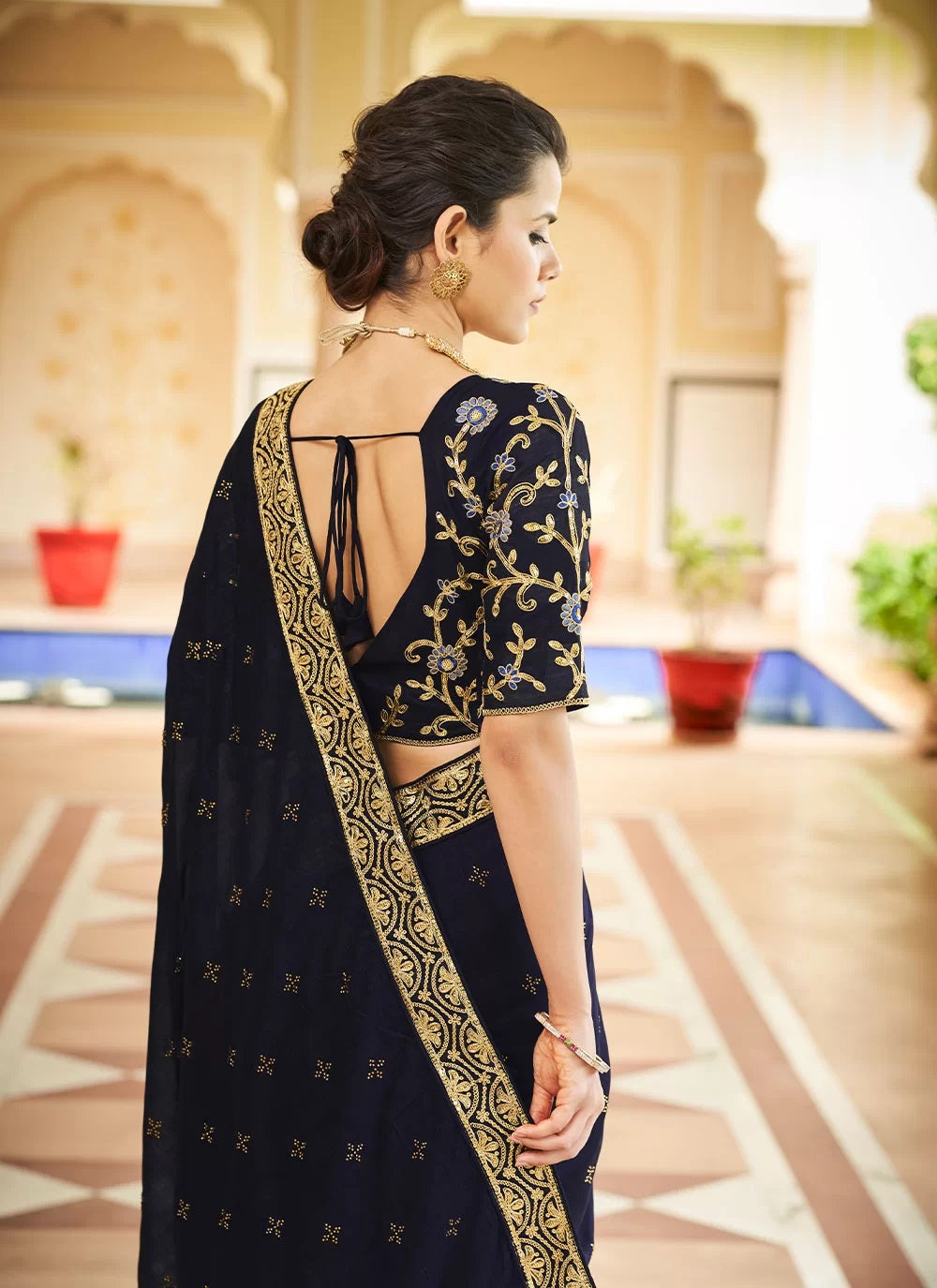 Navy Blue Indian Designer Saree with Vichitra Silk Fabric and Swarovski