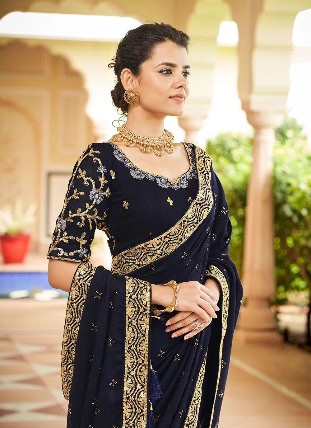 Navy Blue Indian Designer Saree with Vichitra Silk Fabric and Swarovski