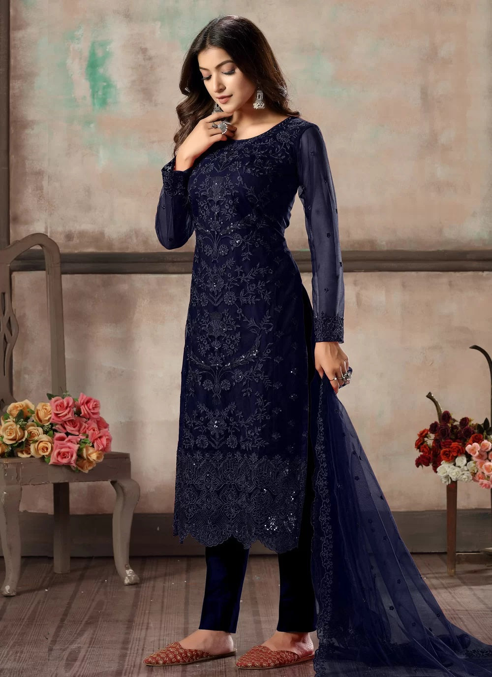 Hand Embroidered Cotton Silk Pakistani Suit in Royal Blue : KJN4329