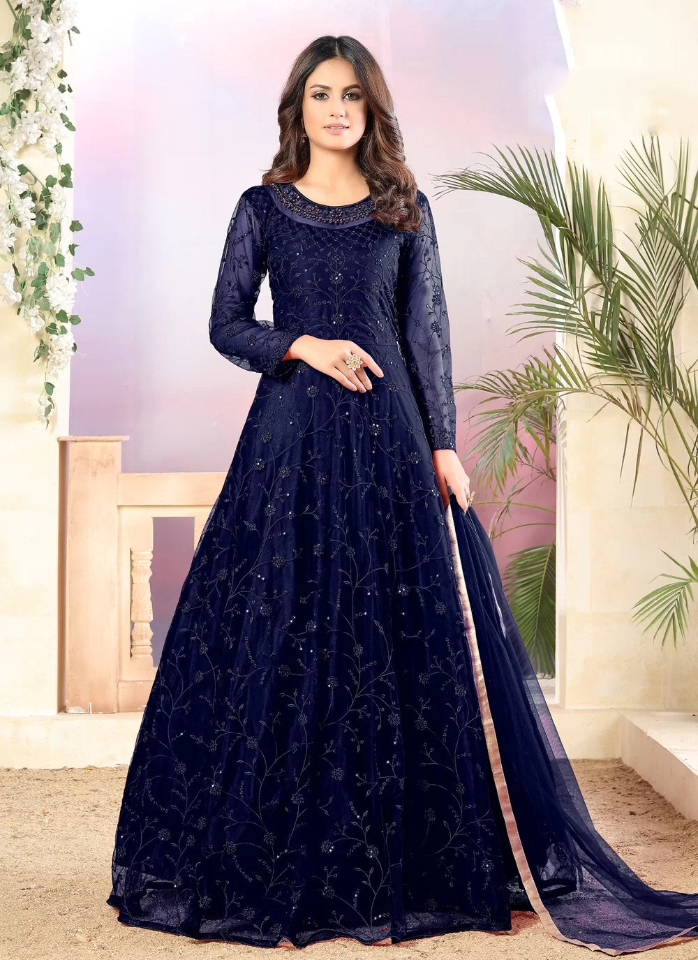 Navy Blue Net Suits For Ladies