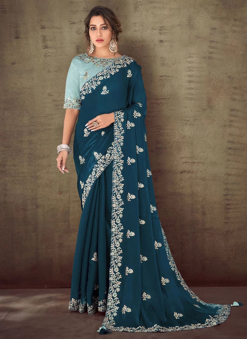 Navy Blue Organza Silk Embroidered Indian Saree