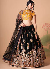 Net Lehenga with Sequins Embroidery and Mirror Work In Black