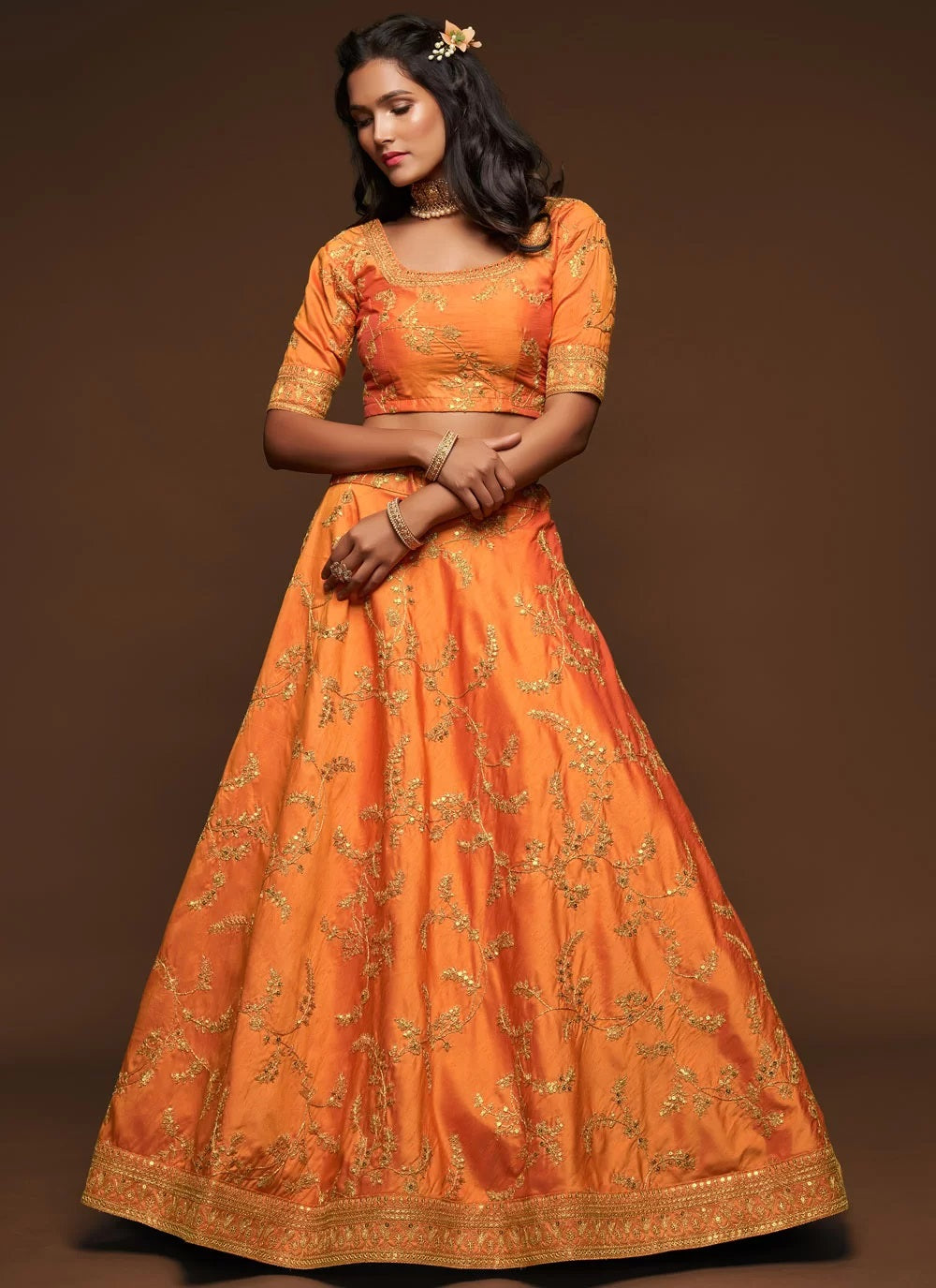 Orange Color Sequins Work Lehenga Choli For Reception