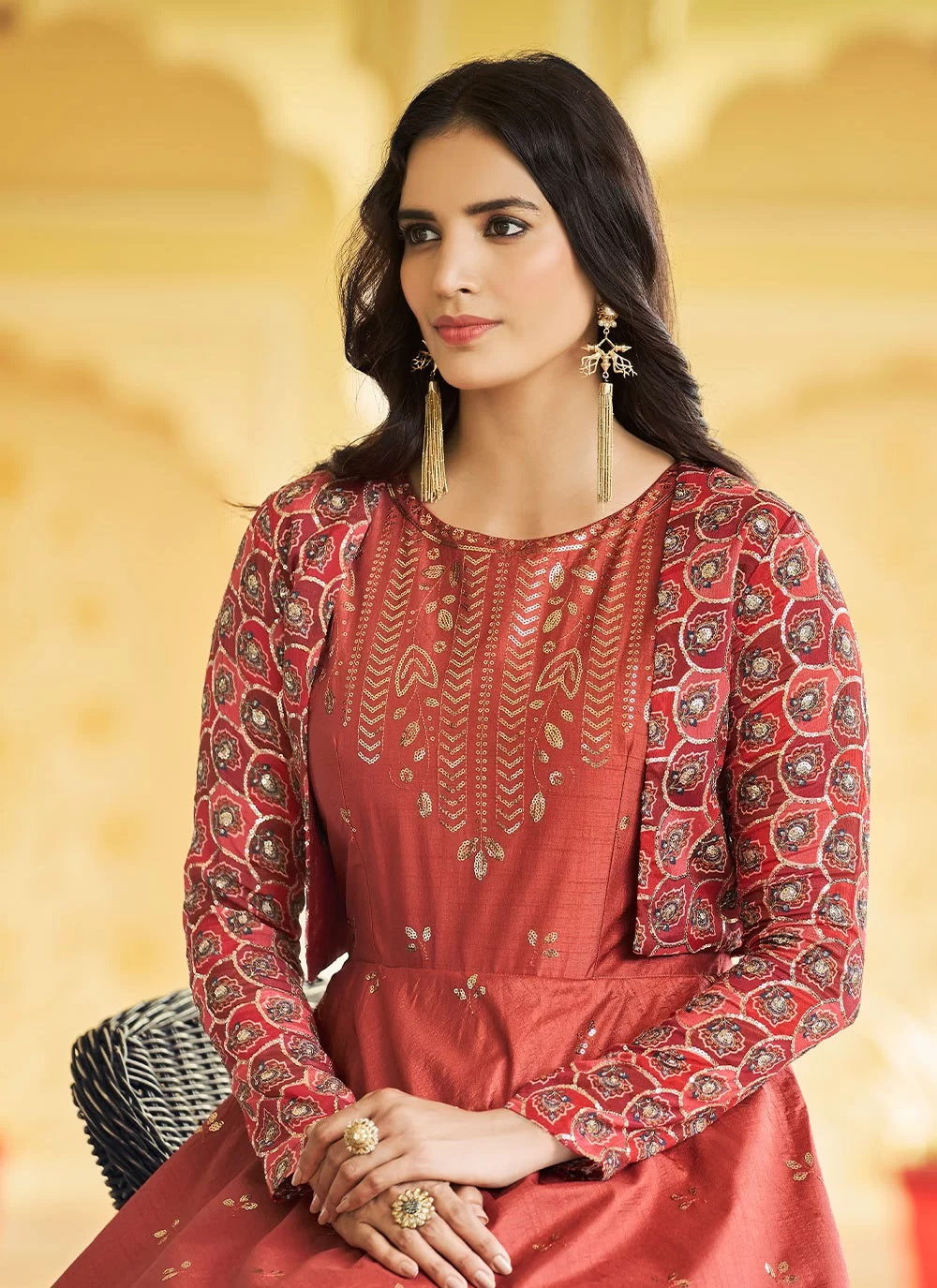 Orange Cotton Embroidery work Gown For Women