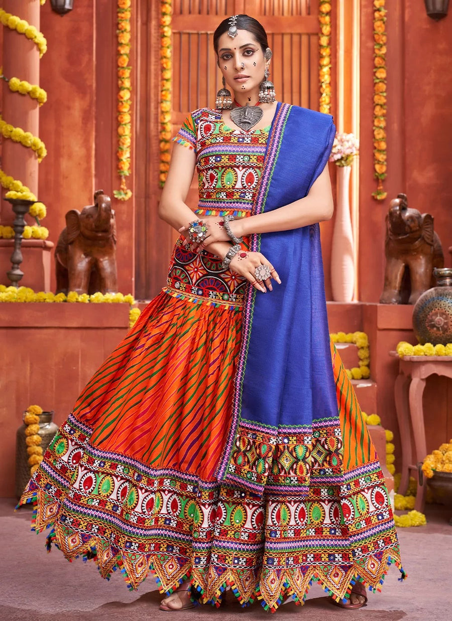 Orange Cotton Silk Gamthi Work Chaniya Choli For Navratri