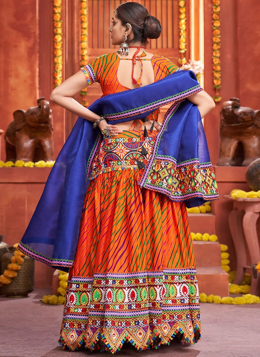 Orange Cotton Silk Gamthi Work Chaniya Choli For Navratri
