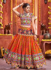 Orange Cotton Silk Gamthi Work Chaniya Choli For Navratri