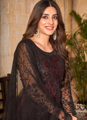 Pakistani Net embroidered suit in Black and Purple