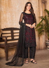 Pakistani Net embroidered suit in Black and Purple