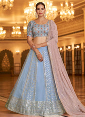 Party Wear Sequins Embroidered Lehenga Choli In Sky Blue