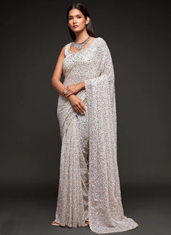 Party Wear White Georgette Sequins Embroidery saree