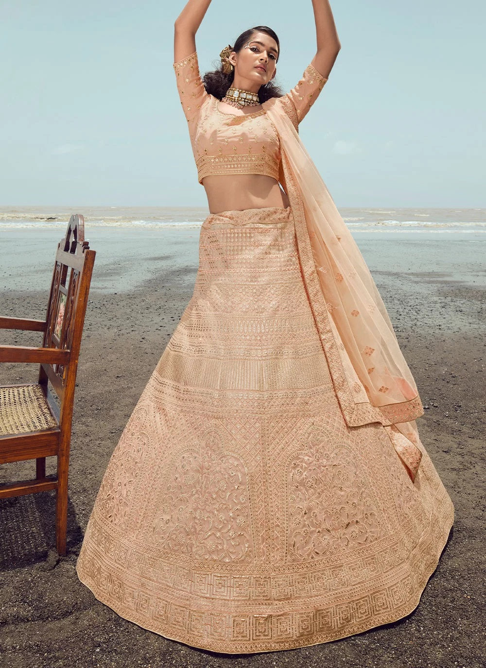 Peach Embroidered Heavy Party Wear Lehenga