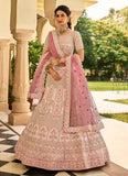 Peach Stone And Zari Work Crepe Lehenga For Wedding