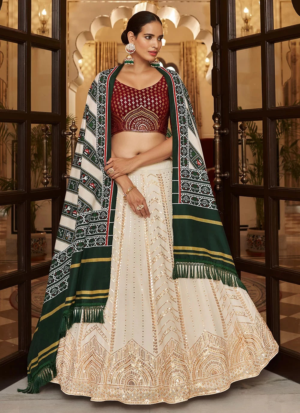 Pearl White Georgette Embroidered A Line Lehenga