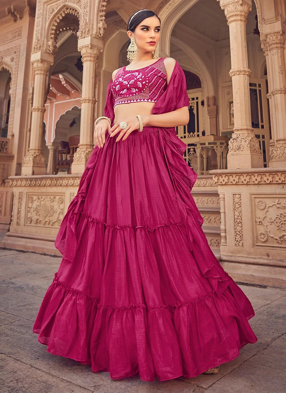 Pink Chinnon Party Wear Lehenga For Engagement