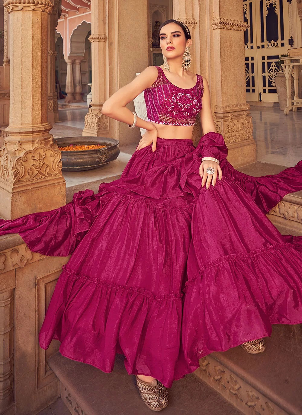 Pink Chinnon Party Wear Lehenga For Engagement