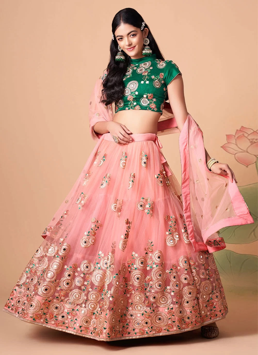 Pink Elegant Net Lehenga with Exquisite Thread and Zari Embroidery