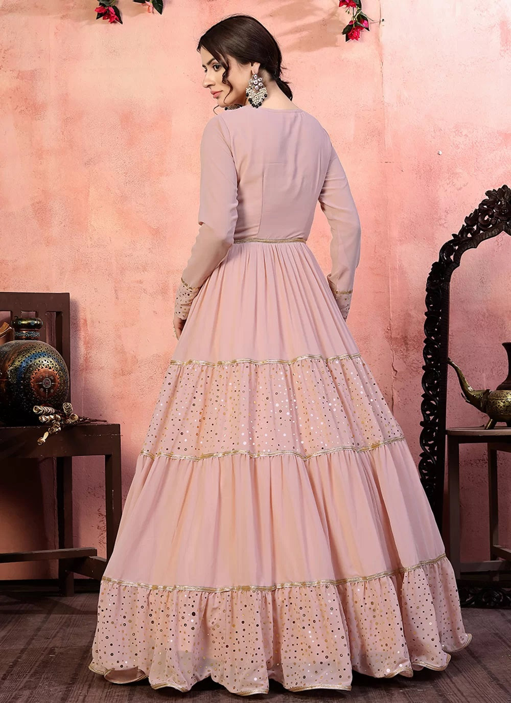 pink georgette heavy gown for wedding 3