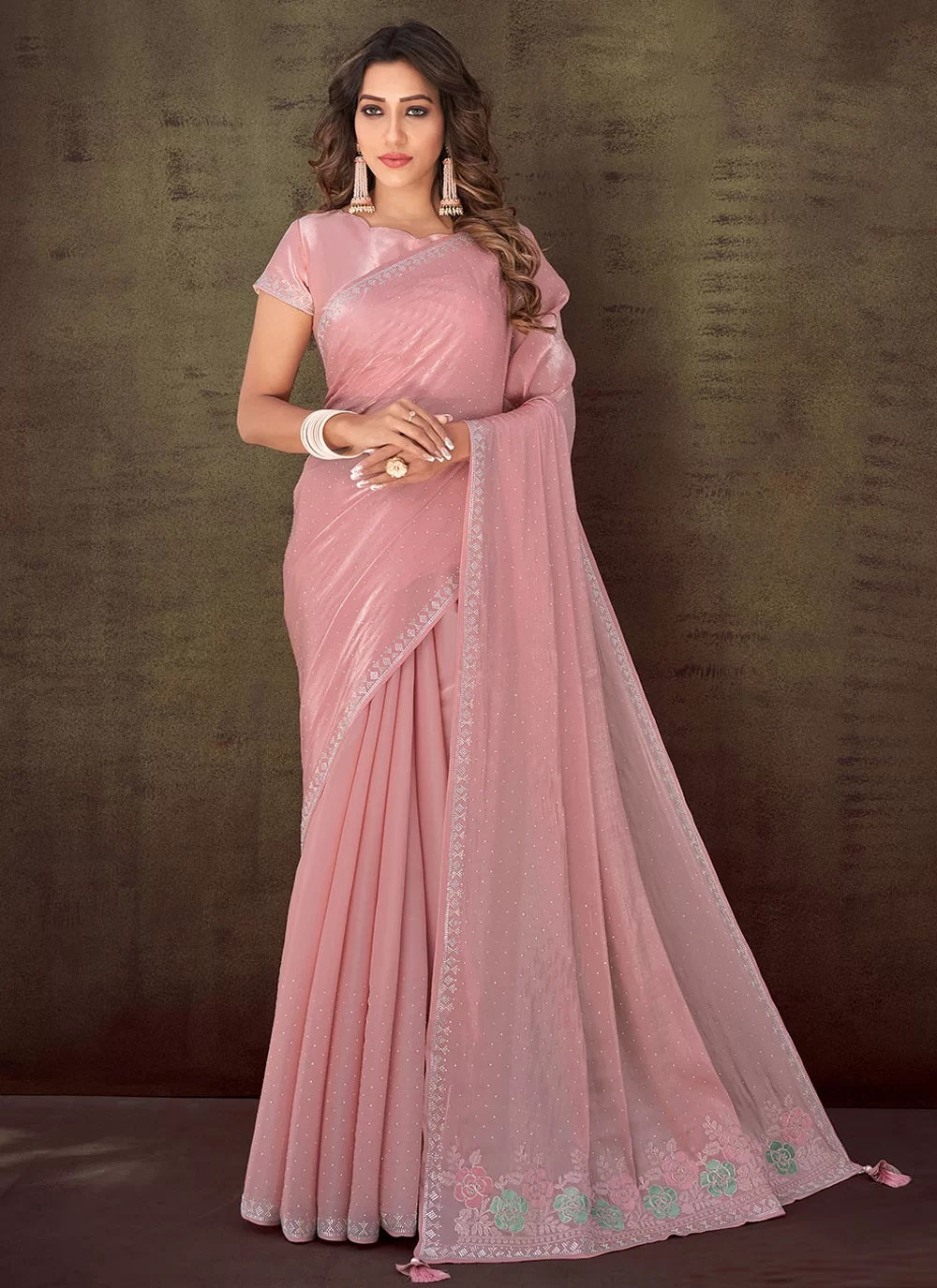 Pink Organza Silk Georgette Stone and Heavy Embroidered Pallu Saree