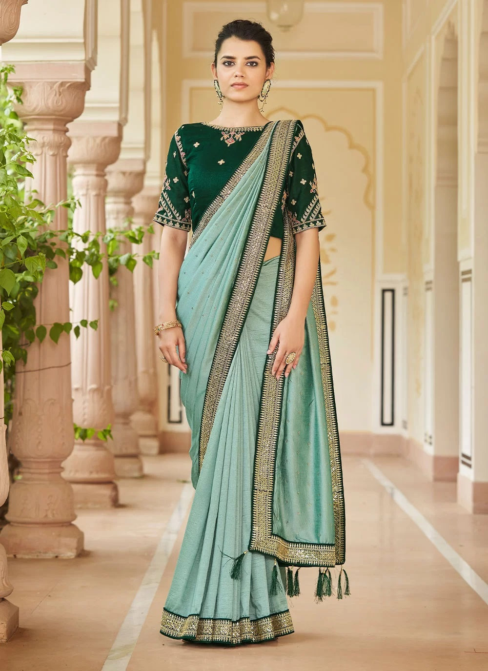 Pista Vichitra Silk Saree with Swarovski Detailing and Heavy Sequence Work