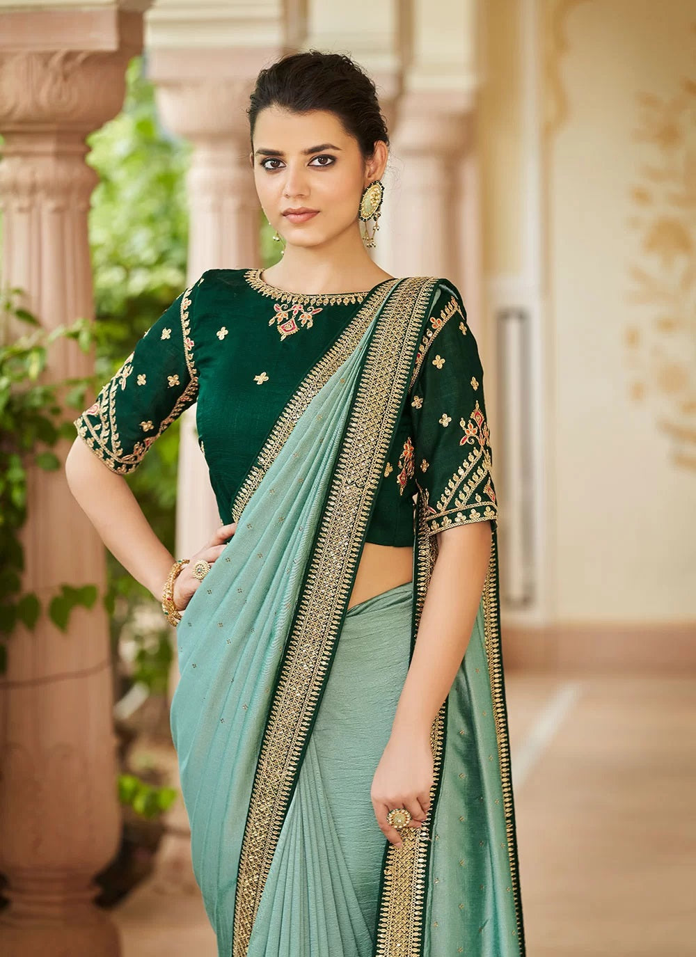 Pista Vichitra Silk Saree with Swarovski Detailing and Heavy Sequence Work