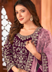 Premium Velvet Heavy Embroidered Anarkali Designer Suit In Purple