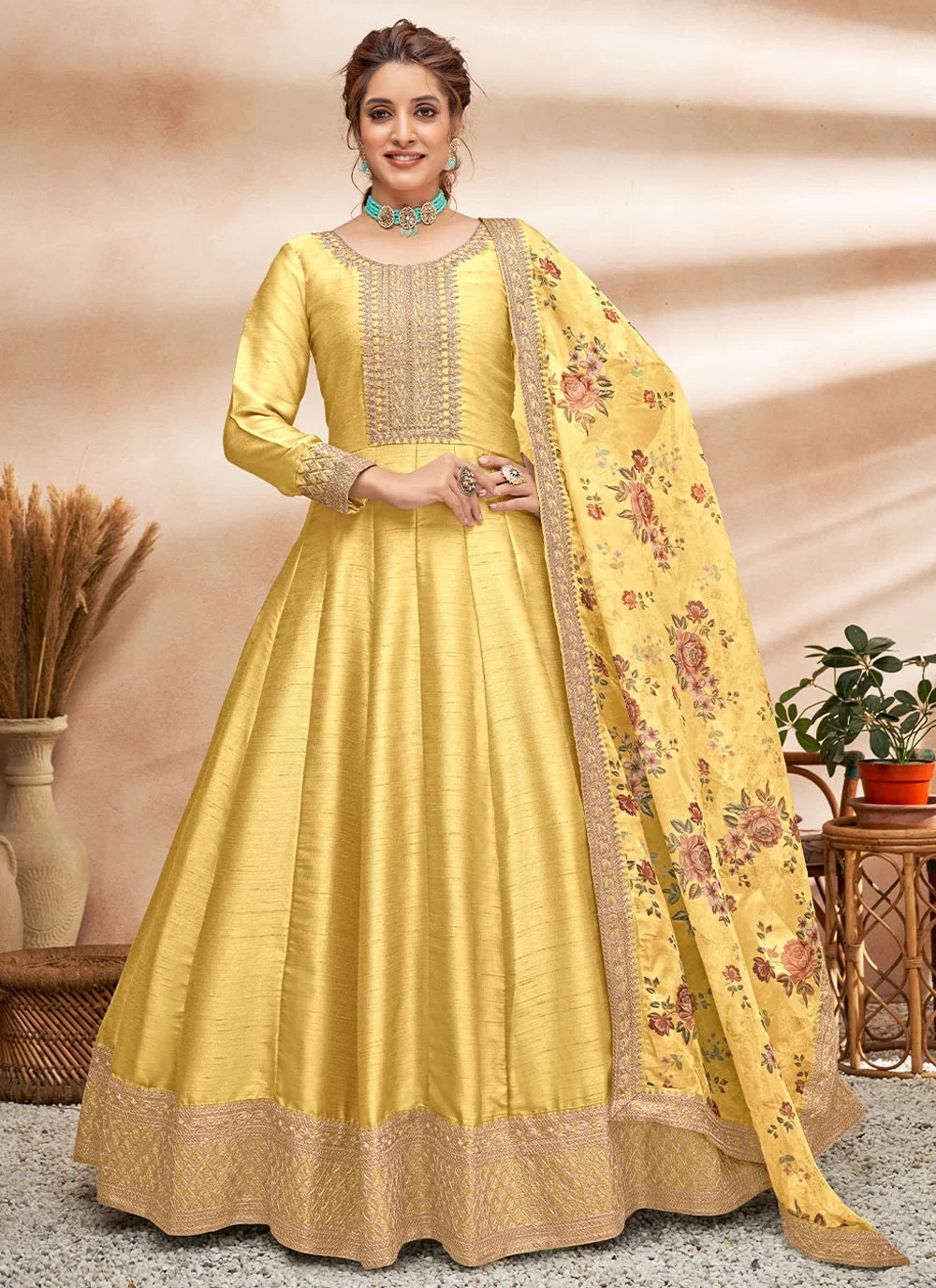Pretty Yellow Embroidered Art Silk Anarkali Salwar Suit