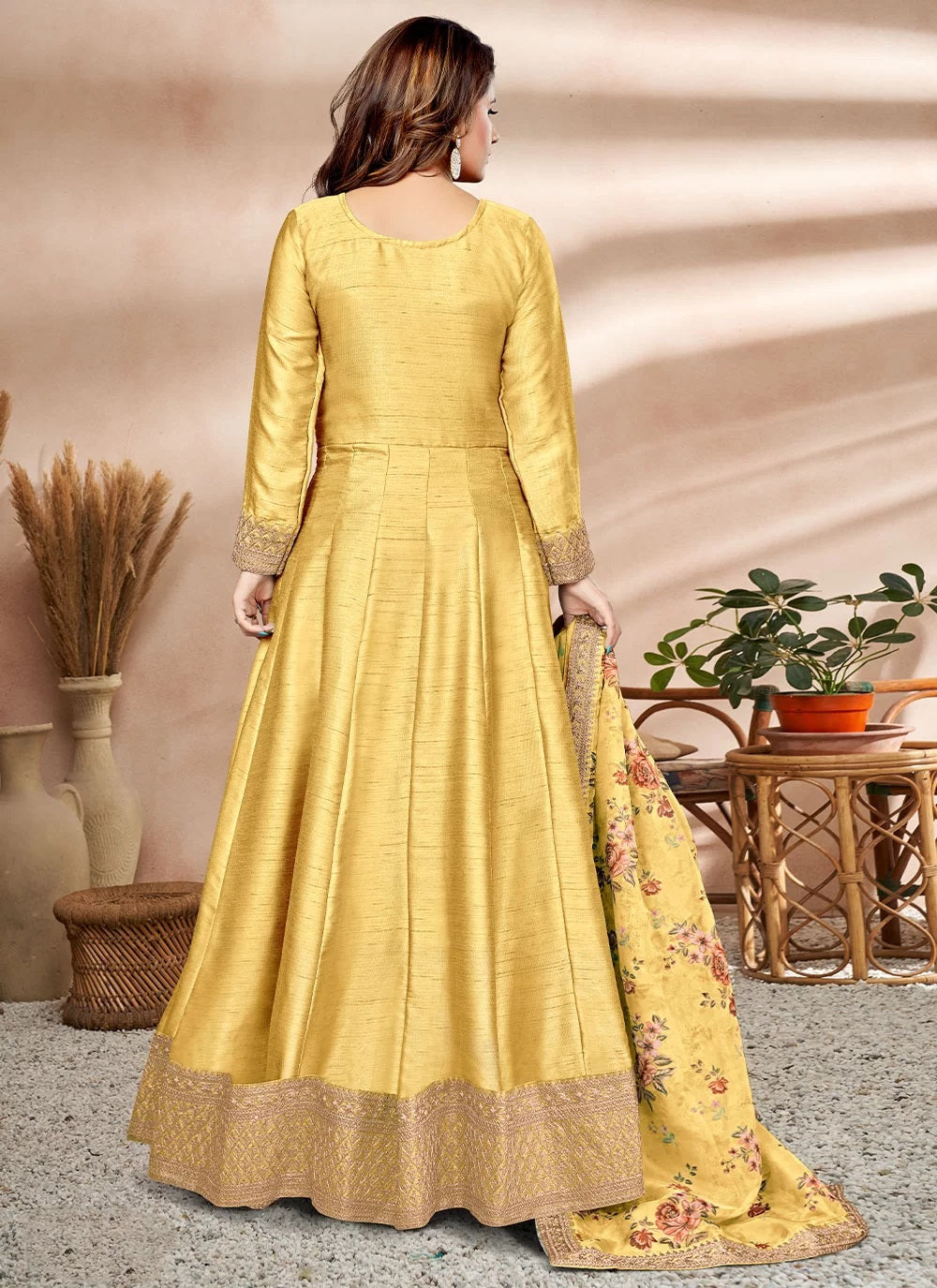 Pretty Yellow Embroidered Art Silk Anarkali Salwar Suit