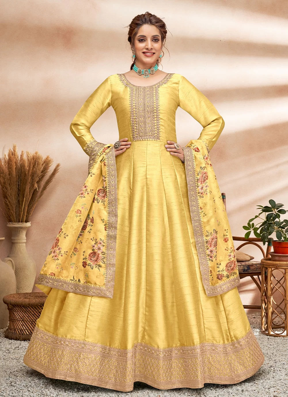 Pretty Yellow Embroidered Art Silk Anarkali Salwar Suit