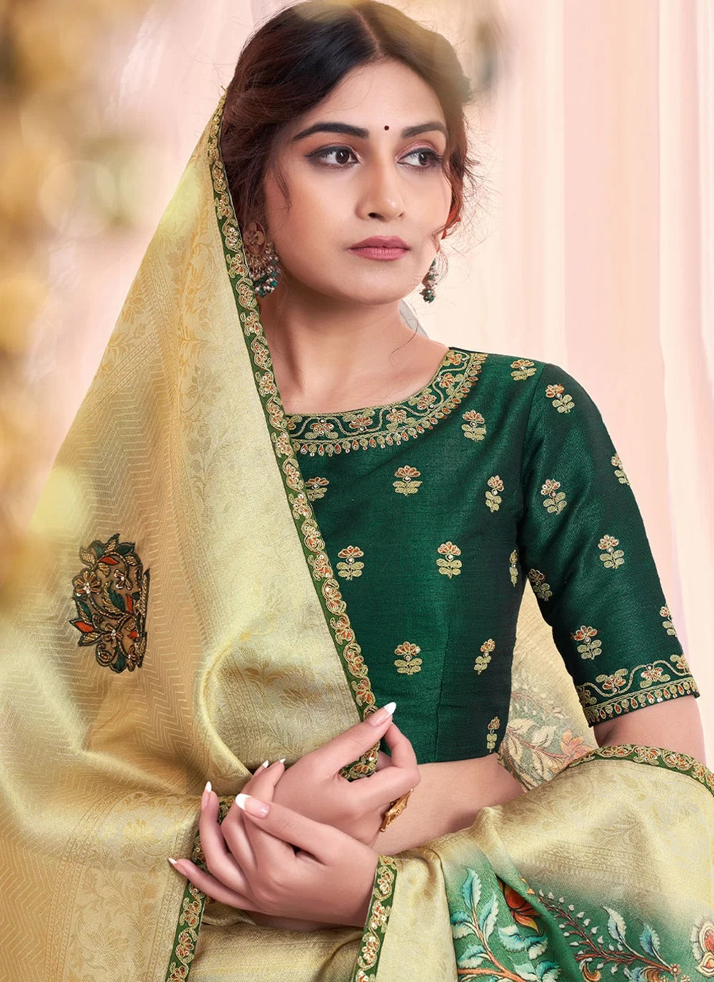 Printed Embroidered Green Wedding Designer Saree