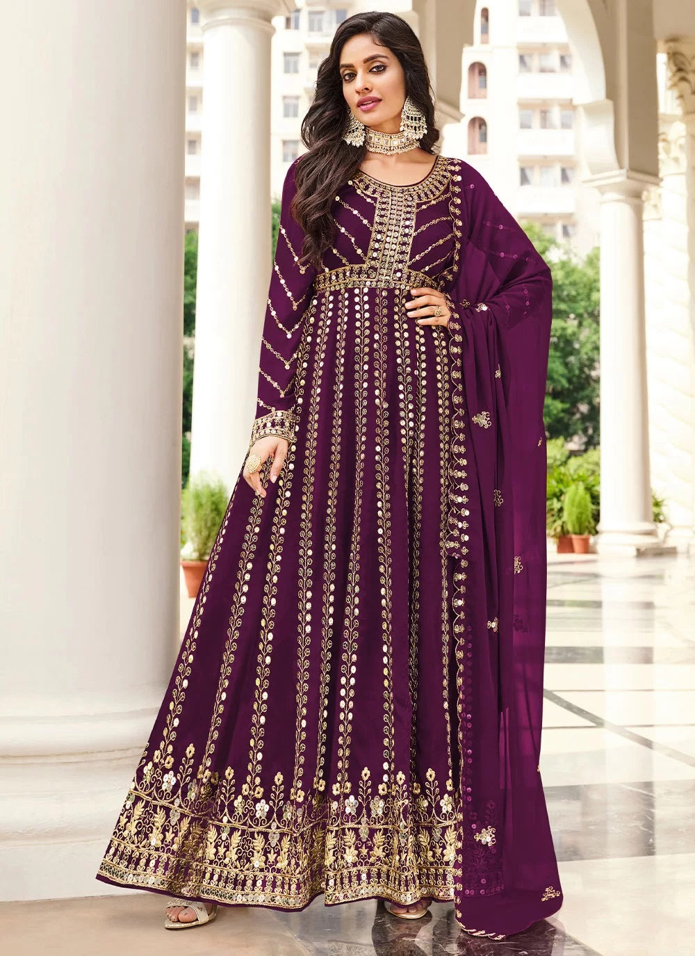 Purple Color Embroidered Georgette Abaya Style Suit