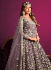 Purple heavy Embroidered Net Sangeet Function Suit