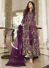 Purple Net Heavy Coding and Sequence Embroidery Pakistani Suit