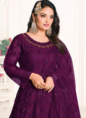 Purple Tone To Tone Thread And Sequince Work Net Anarkali Suit