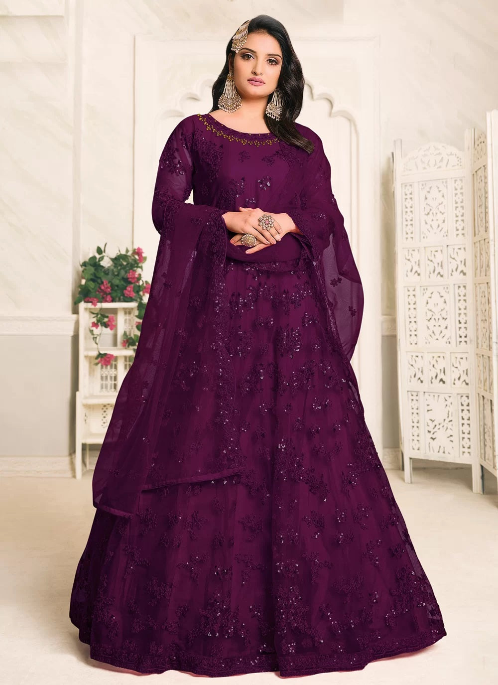 Purple Tone To Tone Thread And Sequince Work Net Anarkali Suit