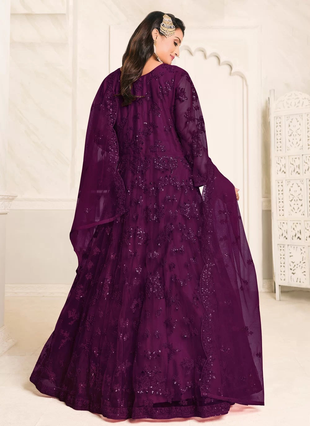 Purple Tone To Tone Thread And Sequince Work Net Anarkali Suit