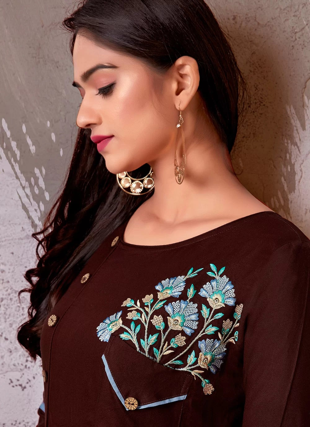 Rayon Embroidery Kurti Design In Brown - Main Image