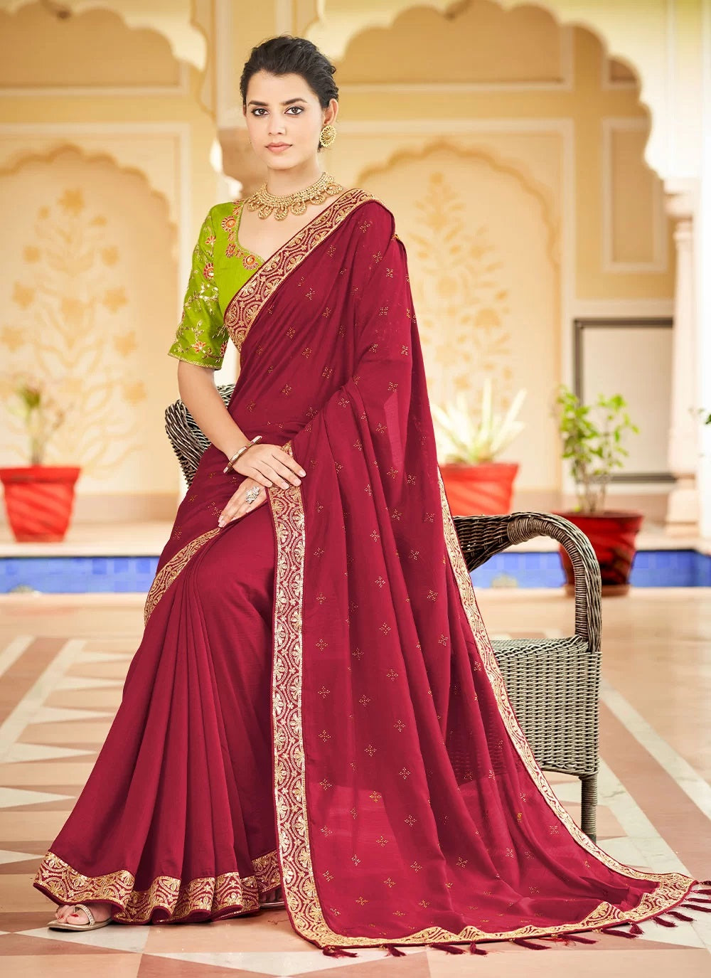 Red Designer Vichitra Silk Saree with Sequence and Swarovski Detailing