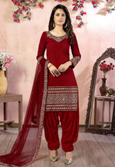 Red Embroidered Art Silk Patiyala Suit